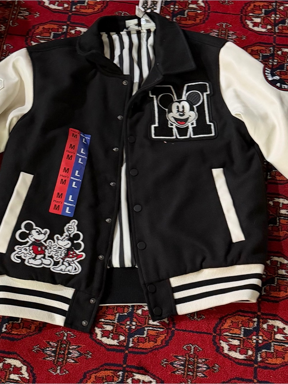 Disney Mickey Mouse Varsity Jacket Women L Men M Black Cream NWT